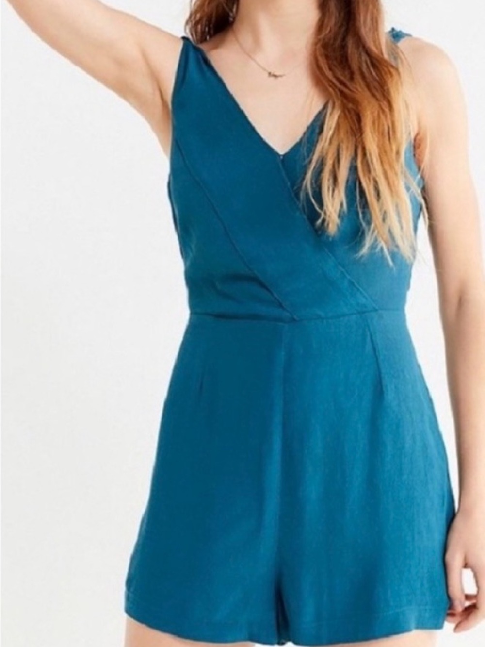 Urban Outfitters Sally Surplice Tie Shoulder Romper Teal Blue Wrap V Neck Size 2